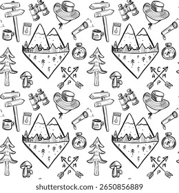 Camping adventure theme vector design featuring mountains, trees, and outdoor gear elements in a seamless pattern