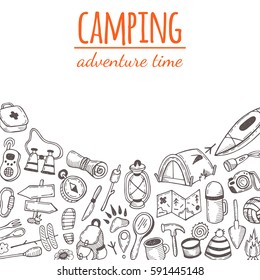 Camping. Adventure time. Hand drawn vector illustration. Flashlight, marshmallow, camera, map, compass, backpack, tent, ax, fire, rope, road sign, fishing hook, binoculars, pot.