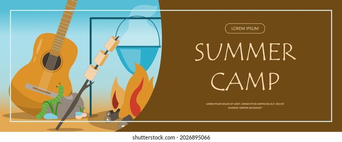 Camping adventure time vector illustration Banner with flat equipment for hiking Cartoon flayer