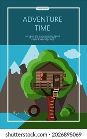 Ilustración vectorial de la aventura de camping Banner con equipo plano para el senderismo Cazador de caricaturas
