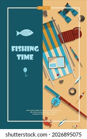 Camping adventure time vector illustration Banner with flat equipment for hiking Cartoon flayer fishing time
