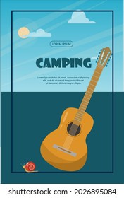Camping adventure time vector illustration Banner with flat equipment for hiking Cartoon flayer