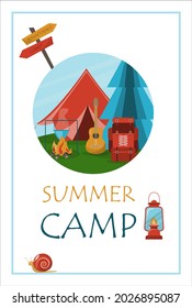 Camping adventure time vector illustration Banner with flat equipment for hiking Cartoon flayer