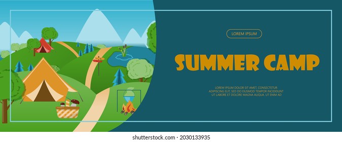 Camping adventure time vector illustration Banner with flat equipment for hiking Cartoon flayer