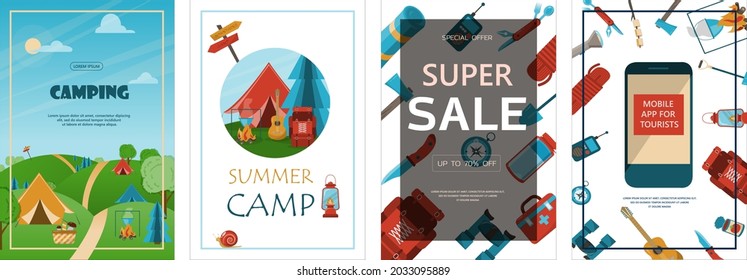 Camping adventure time vector illustration Big set with flat equipment for hiking Cartoon flayer