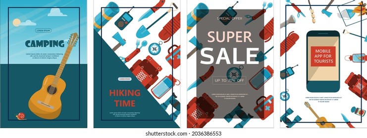 Camping adventure time vector illustration Big set with flat equipment for hiking Cartoon flyer