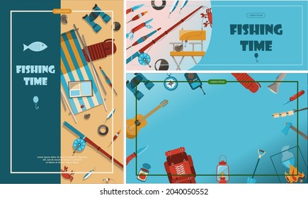 Camping adventure time vector illustration Big set with flat equipment for hiking Cartoon flayer fishing time