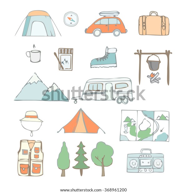 Camping, adventure, travel. Background. Set\
of characters, objects. Drawn by hand.\
Vector.