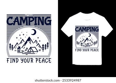 Camping Adventure T-shirt Design. This design features a scenic campsite with a tent, campfire, and a beautiful sunset.