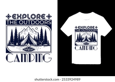 Camping Adventure T-shirt Design. This design features a scenic campsite with a tent, campfire, and a beautiful sunset.