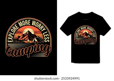 Camping Adventure T-shirt Design. This design features a scenic campsite with a tent, campfire, and a beautiful sunset.