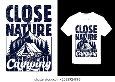 Camping Adventure T-shirt Design. This design features a scenic campsite with a tent, campfire, and a beautiful sunset.