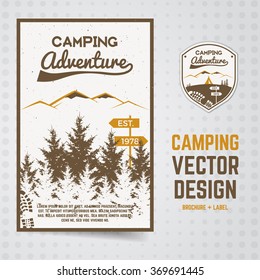 Camping adventure vector brochure and label The concept of flyer for your business, web sites, presentations, advertising etc. Quality design illustrations, elements. Flat outdoor style. National park