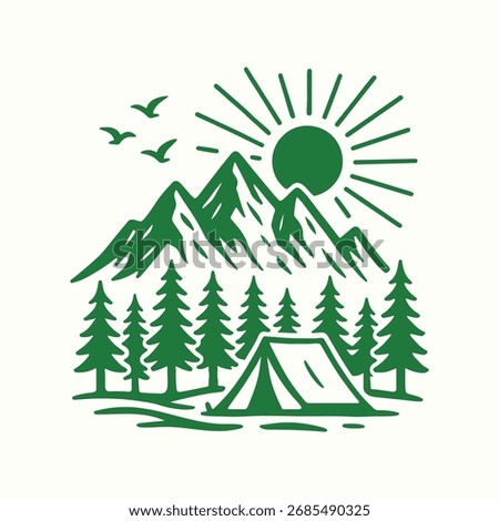 Camping Adventure Vector Illustration – Mountain, Tent, Trees, And Sunrise Nature Scene