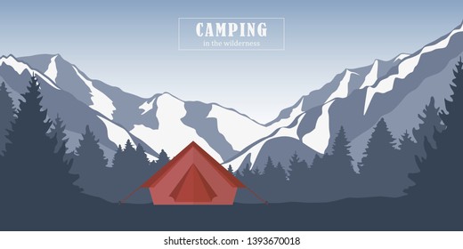 camping adventure in the wilderness red tent in the forest at snowy mountain landscape vector illustration EPS10