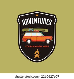 Camping Adventures badge design with camper car, canoe and camp equipment. Travel logo graphics. Stock vector retro label isolated