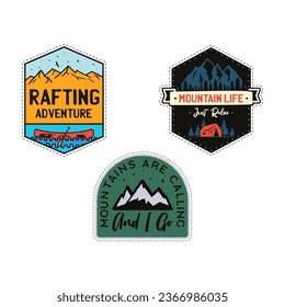 Camping Adventures badges big set designs with mountains, rafting. Travel logo graphics. Stock vector retro camp labels.