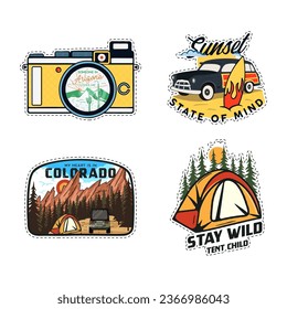 Camping Adventures badges big set designs with mountains, camper car, Colorado state. Travel logo graphics. Stock vector retro camp labels.