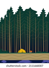Camping against the backdrop of the forest and the location of the tent by the river