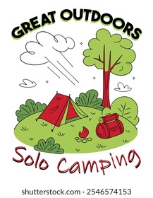 Camping Alone' graphic t-shirt design. Featuring a lone tent under a starlit sky with mountains in the background, this vector art captures the peaceful essence of solo camping. 