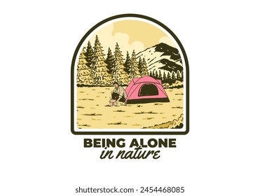 Camping alone in nature. Vintage retro outdoor illustration badge design