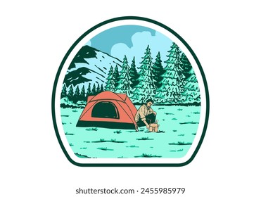 Camping alone in nature. Vintage retro outdoor illustration badge design