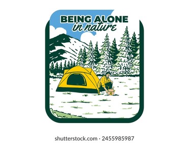 Camping alone in nature. Vintage retro outdoor illustration badge design