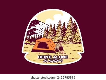 Camping alone in nature. Vintage retro outdoor illustration badge design