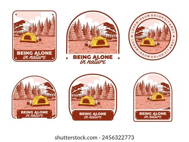 Camping alone in nature. Vintage retro outdoor illustration badge design