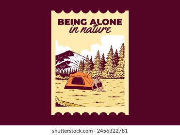 Camping alone in nature. Vintage retro outdoor illustration badge design