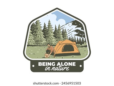 Camping alone in nature. Vintage retro outdoor illustration badge design