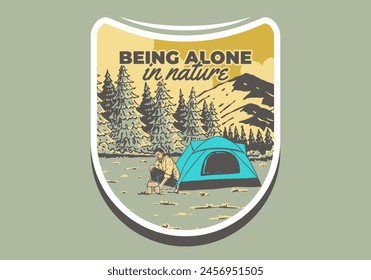 Camping alone in nature. Vintage retro outdoor illustration badge design