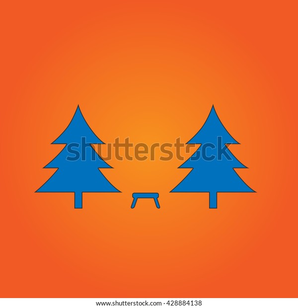 Camping among the trees. Blue flat icon\
with black stroke on orange background. Collection concept vector\
pictogram for infographic project and\
logo