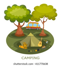 Camping among the trees in a forest glade. Tourist relaxing outdoors. Summer camping.