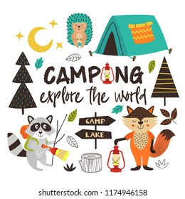 Camping Animals Explore  The World - Vector Illustration, Eps