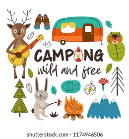 Camping With Animals In The Forest - Vector Illustration, Eps