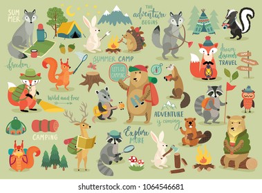 Camping Animals hand drawn style, motivation Calligraphy and other elements. Vector illustration.