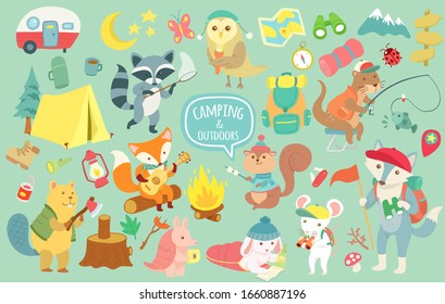 Camping Animals hand drawn style, Cute characters. Vector illustration.