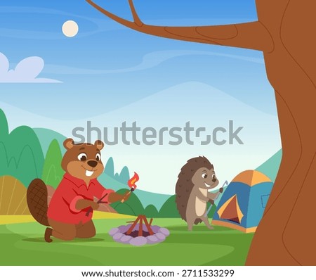Camping animals. wild outdoor animals in forest have rest in camp place