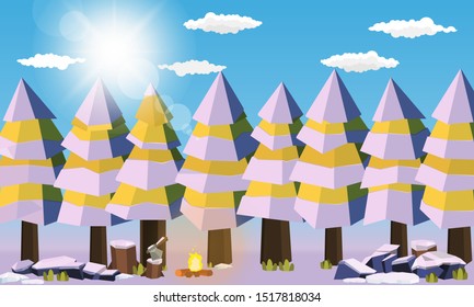 Camping area in forest summer camp Pine forest concept  sunny day sunrise landscape  nature snow background vector design