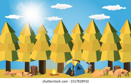 Camping area in forest summer camp Pine forest concept Night landscape  nature background vector design