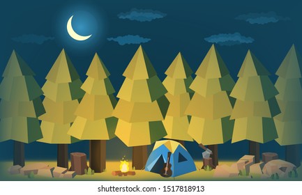 Camping area in forest summer camp Pine forest concept Night landscape  nature background vector design