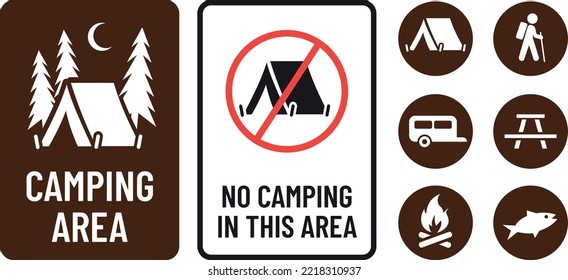 Camping area icons and sign print ready editable vector