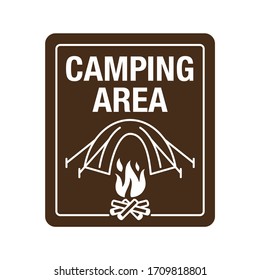 Camping area sign (camp zone) - signpost with camp and campfire icons - tracking and hiking 