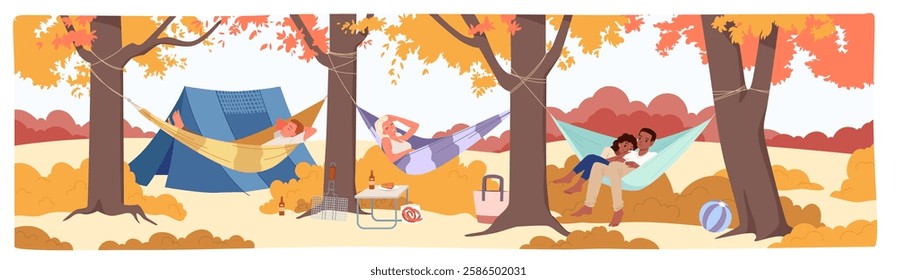 Camping in autumn forest, carefree outdoor rest of people in hammocks. Young couple, man and woman tourists lying in swing beds between trees in camp with tent and table cartoon vector illustration