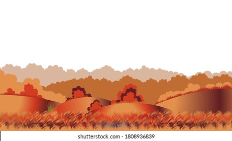 Camping. Autumn to the horizon: hills, meadows, grass, trees are repainted in yellow and red shades. Rural pasture, ranch. Endless vector graphics.