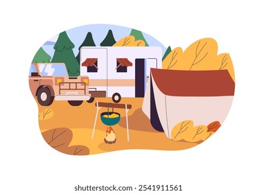 Camping in autumn travel. Campsite with campfire for cooking at nature. Trekking tent, bonfire, hiking motorhome, camper at fall campground. Flat isolated vector illustration on white background