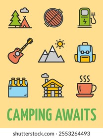 Camping Awaits Camp Concept Vertical Invitation Placard Poster Banner Card Template. Vector illustration of Wooden Cottage and Equipment