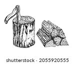 Camping ax stump and cut wood. Ax, tree stumps and firewood. Vector vintage illustration. Black and white sketch.