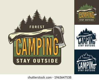 Camping axe, forest for outdoor travel expedition or t-shirt print. Set of camp